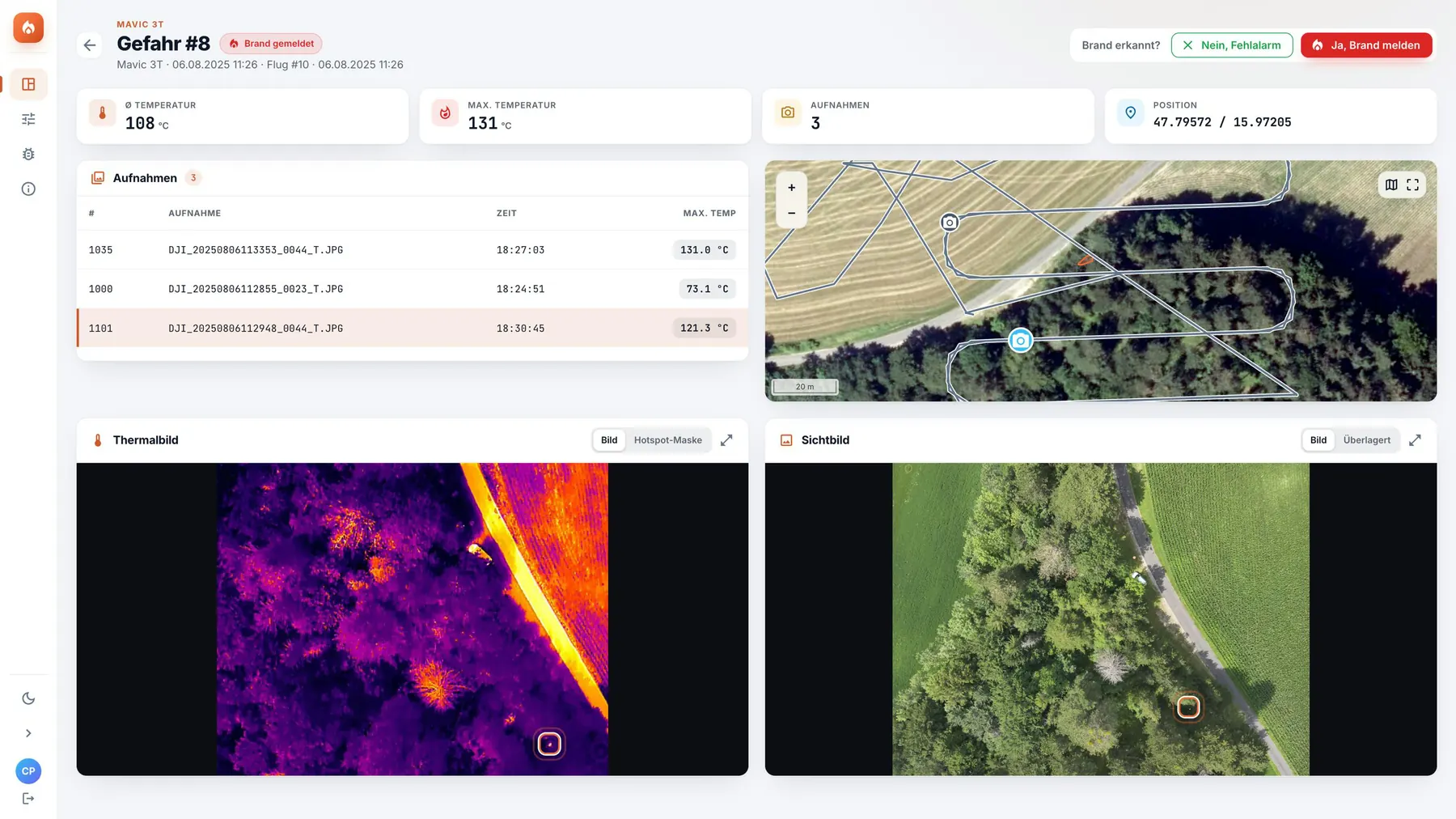 PyroScout Web-App, Ansicht Gefahr #8: Temperaturen, Position, Karte und Wärme- und Sichtbild