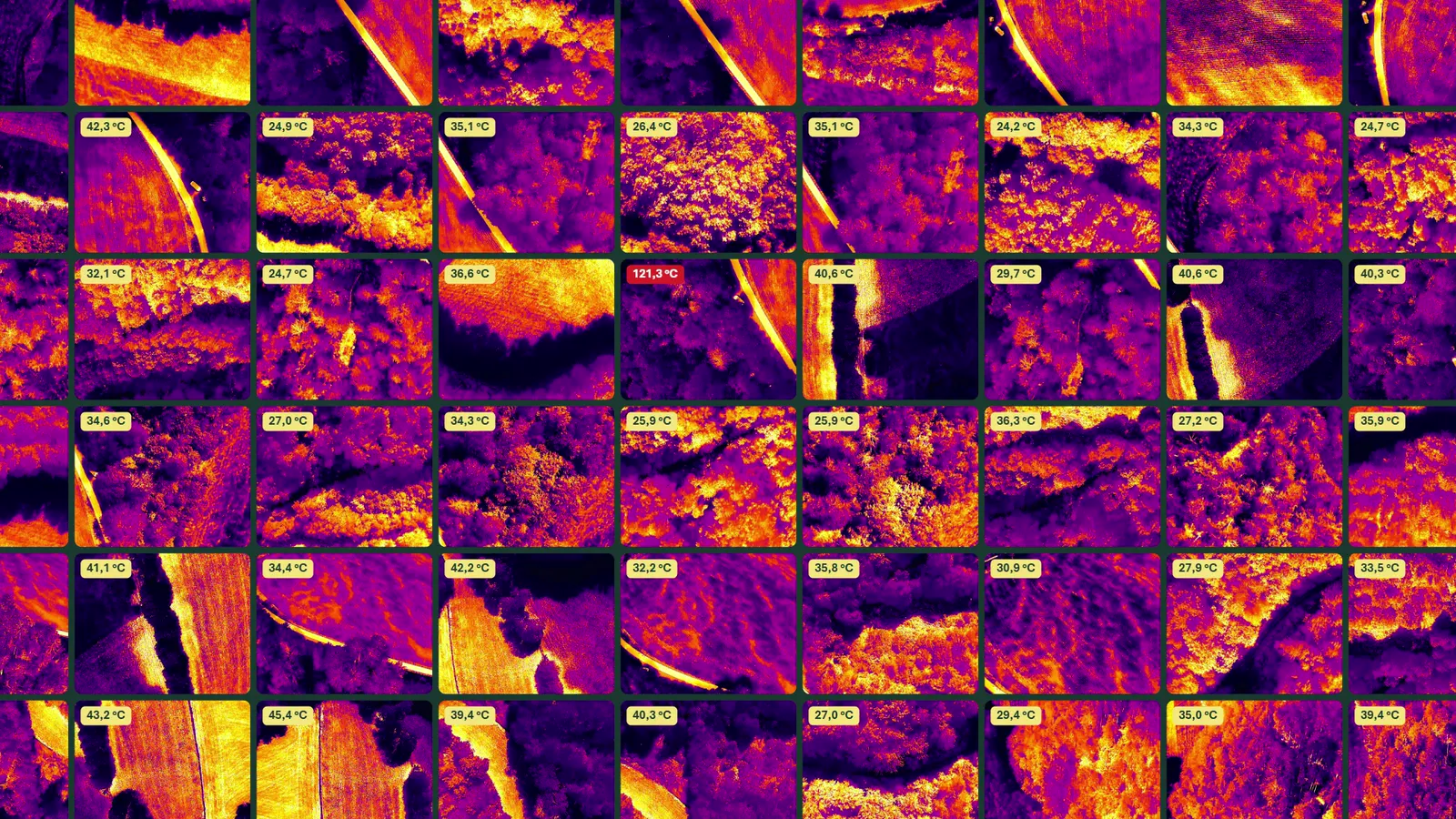 Raster aus dutzenden Wärmebildern von Drohnenflügen, jedes mit seiner Höchsttemperatur