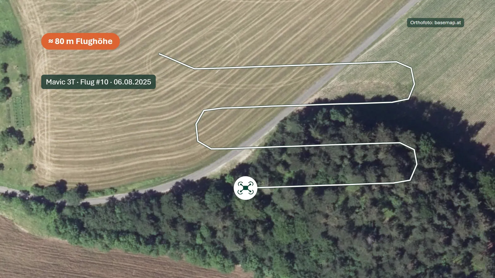 Orthofoto mit Feld und Waldrand, darüber die Flugroute der Drohne in parallelen Bahnen