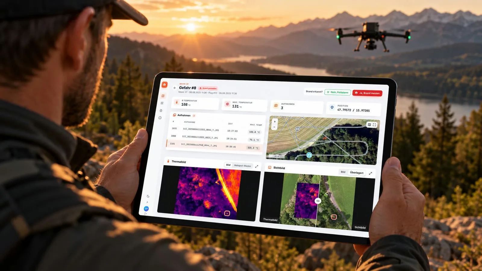 Tablet mit dem PyroScout-Lagebild, im Hintergrund eine Drohne über bewaldetem Bergland